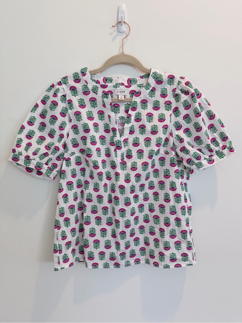J.Crew Factory White Top with Pink & Green Floral Print, Size Small